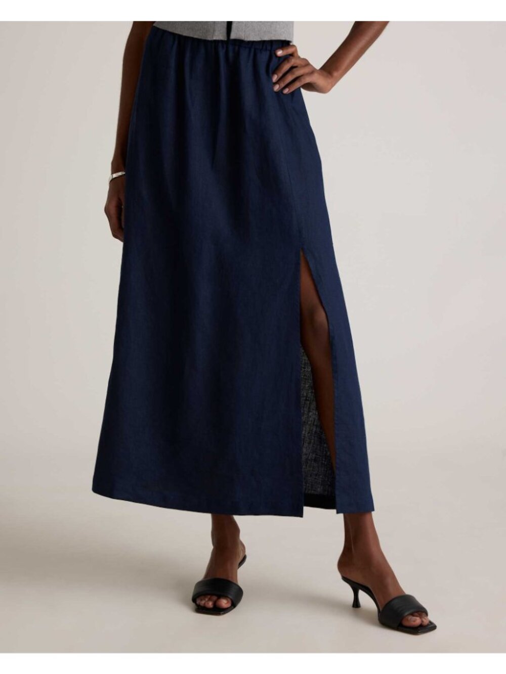 Quince Size L 100% Eauropean Linen Maxi Skirt Navy Side Slit Pull-On - Picture 2 of 10